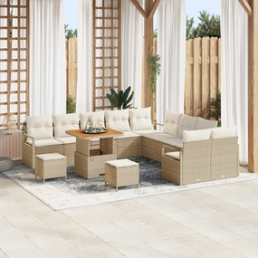 Conjunto de Sofá de Jardim vidaXL de 13 peças com Almofadas Bege Rattan Poliéster Acácia