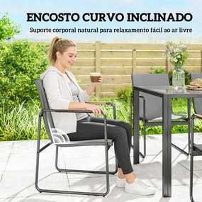 Conjunto de Mesa e Cadeiras de Jardim de 7 Peças com Mesa de Vidro Temperado 6 Cadeiras e Estrutura em Aço Cinza