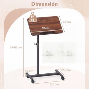 Mesa Auxiliar para Cama em Forma de C, 52 x 33 x 69-112 cm, Altura Ajustável, cor Nogueira