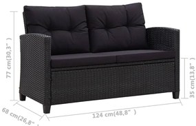 3 pcs conjunto de jantar p/ jardim c/ almofadões vime PE preto