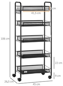 Carrinho cozinha Auxiliar com Rodas de 5 Níveis com Cestos de Malha Removíveis e Estrutura de Aço 45x26,5x106 cm Preto