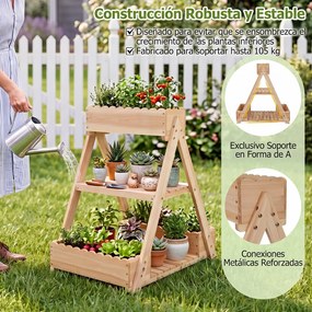 Floreira Elevada 66 x 58 x 60 cm em Madeira de Abeto com 3 Vasos, 2 Estantes e Sistema de Drenagem para Flores, Frutas e Jardim Natural