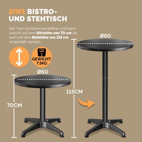 Conjunto de 2 mesas bar altas em alumínio Ø60cm regulável em altura preto