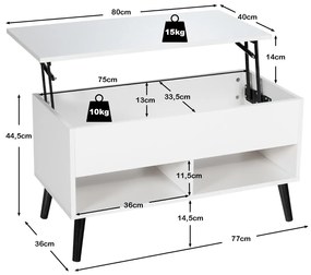 Mesa de centro 80 cm com tampo elevatório com compartimento oculto Mesa de chá para sala de estar Branco