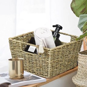 Conjunto de 4 Cestos Rectangulares em Seagrass com Pegas para Cozinha e Lavandaria 30 x 22 x 15,5 cm