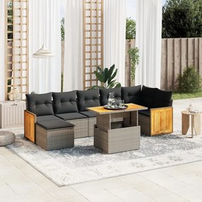 8 pcs conjunto sofás de jardim c/ almofadões vime PE cinzento