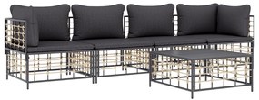 5 pcs conjunto lounge de jardim c/ almofadões vime PE antracite