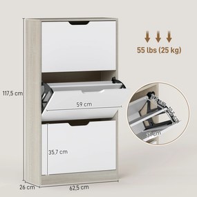 Sapateira de Madeira com 3 Compartimentos Abatíveis com Capacidade para 12 Pares 62,5x26x117,5 cm Branco e Madeira