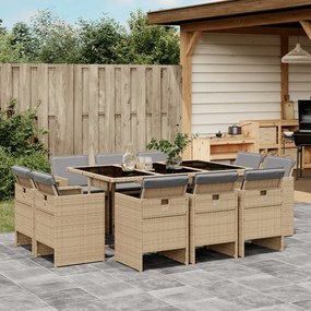 vidaXL 11 pcs conj. jantar jardim c/ almofadões vime PE bege misturado