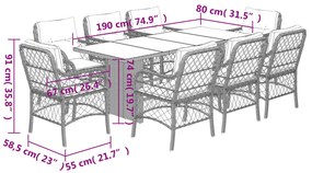 9 pcs conjunto de jantar p/ jardim com almofadões vime PE bege