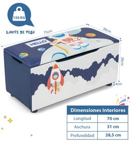 Bau para guardar brinquedos organizador infantil com tampa removível 75 x 36 x 38 cm Azul e Branco