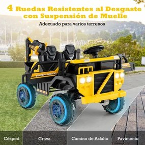 Escavadora elétrica 24 V, 4x4, para crianças com comando à distância, música, luzes, braço de escavação amarela