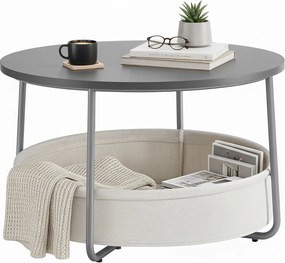 Mesa de centro redonda com cesto em tecido 75 cm de diâmetro e 45 cm de altura cinza cimento-branco creme
