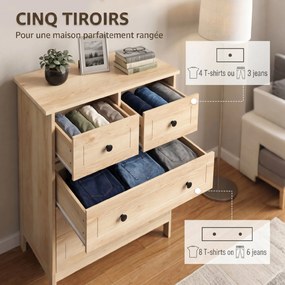 Cómoda de Quarto com 5 Gavetas, 74 x 40 x 91 cm, Design Contemporâneo, Cor Carvalho