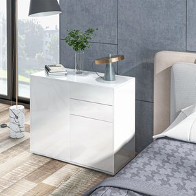 Cómoda, aparador, móvel de arrumação com 2 gavetas, 2 portas e prateleira – 79 x 36 x 74 cm, branco brilhante