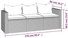 3 pcs conjunto lounge de jardim c/ almofadões vime PE cinzento