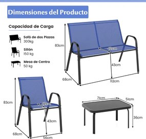 Conjunto de jardim exterior de 4 peças Mesa de café em vidro temperado Banco e 2 cadeiras individuais Tecido Textilene Mesa e cadeiras azuis