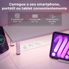 Secretária com Luzes LED Gavetas Tomadas Portas USB e Suporte para Monitor 155,5x48x88,5 cm Branco