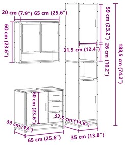 3 pcs Conjunto móveis casa de banho madeira proc. cinza sonoma