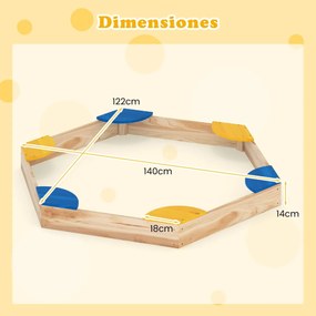 Caixa de areia hexagonal de madeira para crianças 140 x 122 x 14 cm combinada com vaso aberto e 6 assentos para pátio exterior para crianças com mais