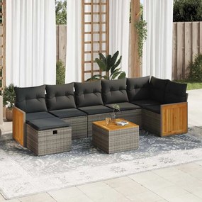 8 pcs conjunto sofás de jardim c/ almofadões vime PE cinzento