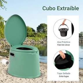 Sanita portátil 5 L para campimo 41 x 49 x 34 cm com tampa e cubo interno removível, WC portátil para viagens ao ar livre Verde