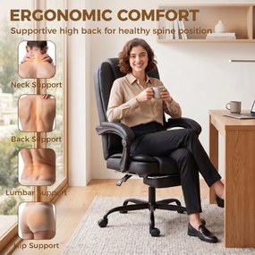 Cadeira de escritório ergonómica, cadeira de escritório reclinável em PU com apoio para os pés retrátil, altura ajustável, preta