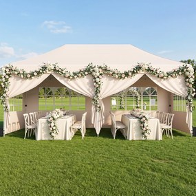 Tenda de Jardim Dobrável com 6 pesos, 600 x 300 x 310 cm, Paredes Laterais Removíveis, Bege