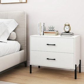 Mesa de cabeceira larga 71 x 40 x 61 cm moderna em madeira com pés e puxadores em metal com arrumação Branca