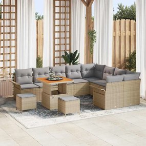 vidaXL Conjunto de sofá de jardim com almofadas bege em poly rattan e acácia, 12 peças.