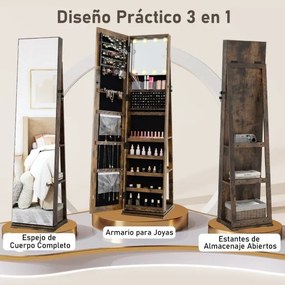 Armário giratório de 360° para joias com espelho de corpo inteiro 43 x 38 x 160 cm e prateleiras Espelho de maquilhagem Castanho