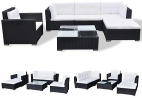 6 pcs conjunto lounge de jardim c/ almofadões vime PE preto
