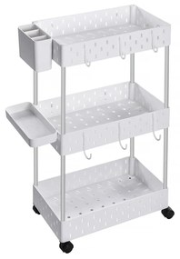 Carrinho de armazenamento de 3 camadas SONGMICS, carrinho de rodinhas com rodas, prateleira de banheiro com 6 ganchos removíveis, 1 bandeja, 1 recipiente, para cozinha, sala de estar, 38 x 22 x 72 cm, branco KSC011W01