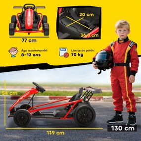 Kart elétrico para crianças, com 2 motores de 24 V, modo de derrapagem a 13 km/h, 119 x 77 x 54 cm, vermelho