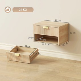 Conjunto de 2 Mesas de Cabeceira Suspensas com Gaveta e Prateleira Design Moderno 40x30x25 cm Cor Carvalho