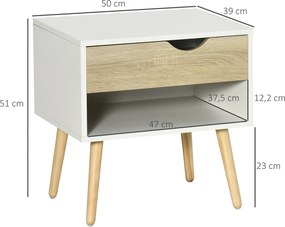 Mesa de Cabeceira, 50 x 39 x 51 cm, Design Escandinavo, Branco e cor Madeira Natural