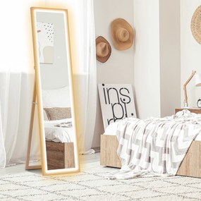 Espelho de Pé com Luz LED 40x160 cm Espelho de Corpo Inteiro com Iluminação de 3 Cores Tátil Função de Memória Madeira