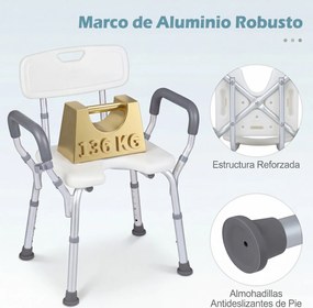 Cadeira de duche para idosos com altura ajustável em 6 níveis, assento antiderrapante, encosto curvo, braços almofadados e estrutura em alumínio branc