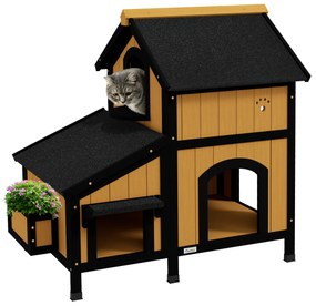 PawHut Casa para Gatos de Madeira com Suporte para Flores de 2 Níveis e Teto Asfáltico 96x65x85,5 cm Madeira e Preto | Aosom Portugal
