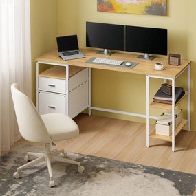 Secretária 160 x 60 x 76 cm com 3 prateleiras e 2 gavetas tecido em tom de carvalho natural e branco