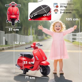 Mota Elétrica para Crianças 6V com Licença Vespa Rodas Auxiliares Velocidade de 2,5km/h Farol e Buzina 71x37x52 cm Vermelho