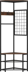 Cabide de canto 4 em 1 com 2 prateleiras para sapatos 49 x 49 x 171 cm, 2 níveis e 7 ganchos metálicos para sala de estar, hall de entrada ou corredor