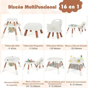 Cadeira alta Refeição conversível para bebés 16 em 1 com bandeja removível e arnês de 5 pontos Assento elevatório Mesa para blocos de construção Branc