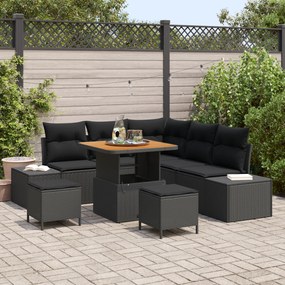 Conjunto de Sofás de Jardim de 8 Peças com Almofadas Preto Vime Poliéster Acácia