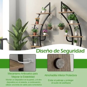 Conjunto de 2 Estantes Metálicas para Plantas 7 Níveis em Forma de Crescente Curvo com Gancho para Varanda 60x30x155 cm Natural