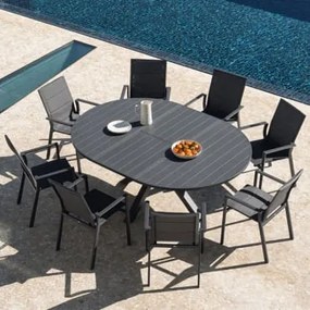 Conjunto De Mesa Extensível Redonda Barces 145-200x145 Cm E 8 Cadeiras De Jardim Empilháveis Karena Em Alumínio Com Braços Cinza Grafito - Sklum