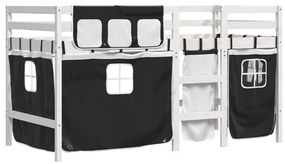 Cama alta criança c/ cortina 80x200cm pinho maciço branco/preto