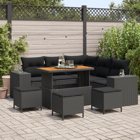 Conjunto de Sofás de Jardim vidaXL 9 Peças com Almofadas Preto Rattan