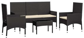 4 pcs conjunto lounge de jardim c/ almofadões vime PE preto