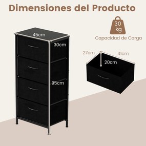Comoda com 4 gavetas em tecido com tampa de 45 x 30 x 95 cm madeira Puxadores fáceis de puxar e estrutura metálica resistente preta